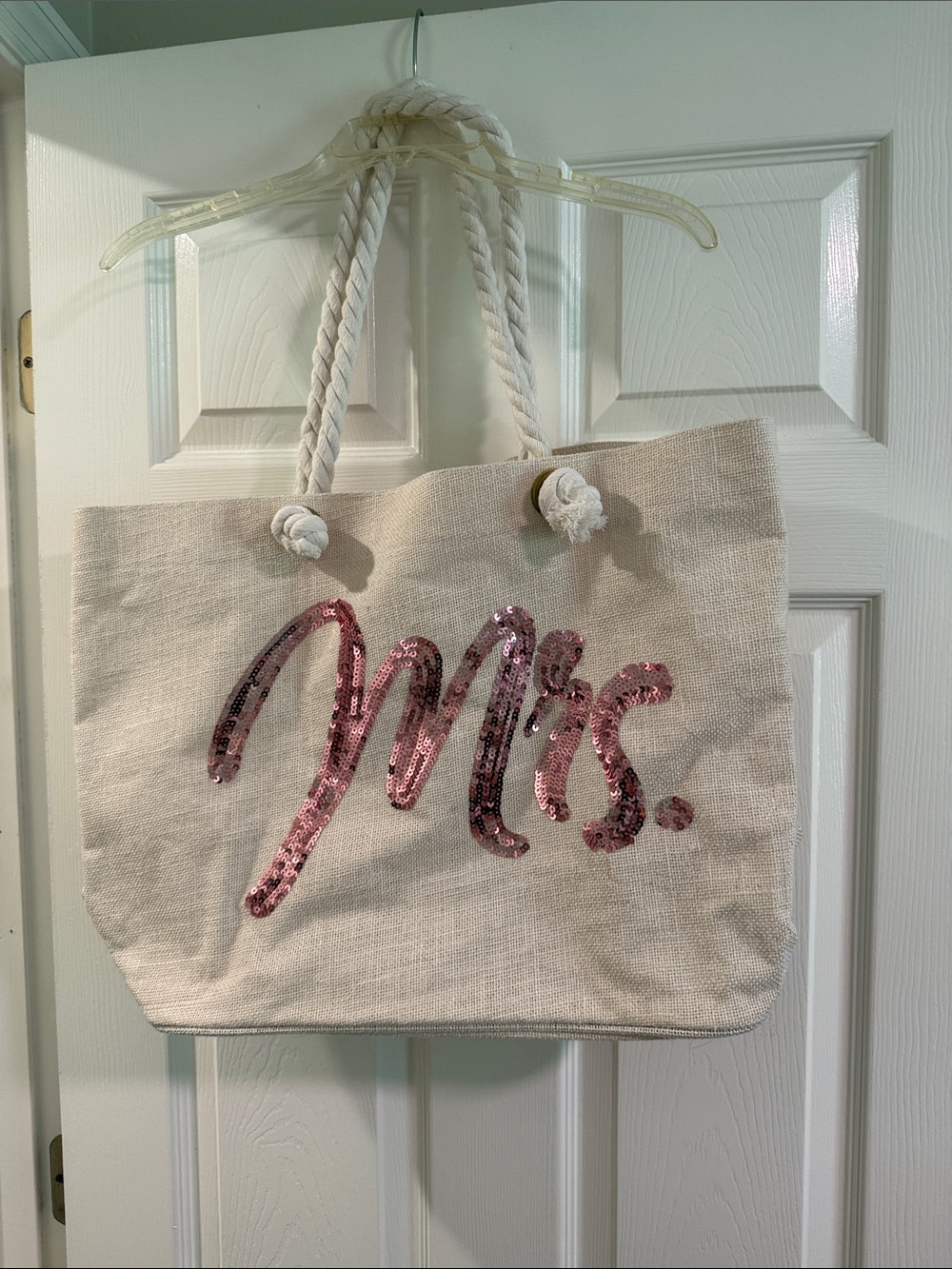 Canvas Tote Bag with Pink Sequin "Mrs." Accent